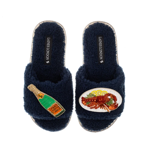Laines London Teddy Toweling Slipper Sliders With Lobster Platter & Champagne Bottle Brooches