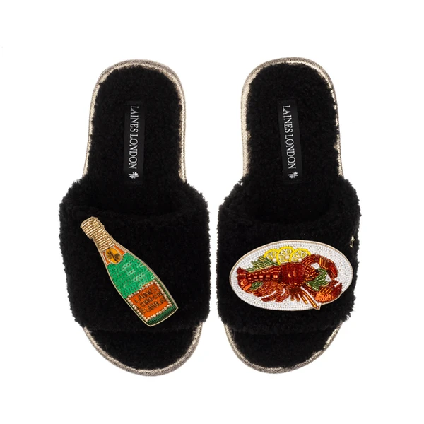 laines london Teddy Toweling Slipper Sliders With Lobster Platter & Champagne Bottle Brooches