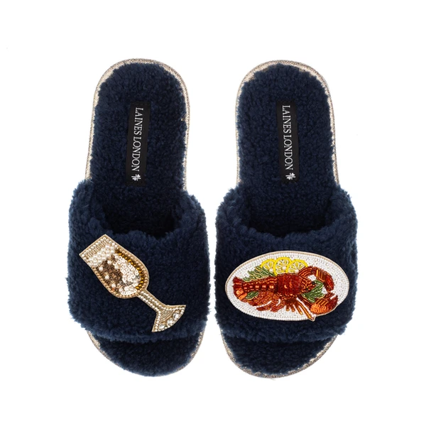 laines london Teddy Toweling Slipper Sliders With Lobster Platter & Glass Of Bubbles Brooches