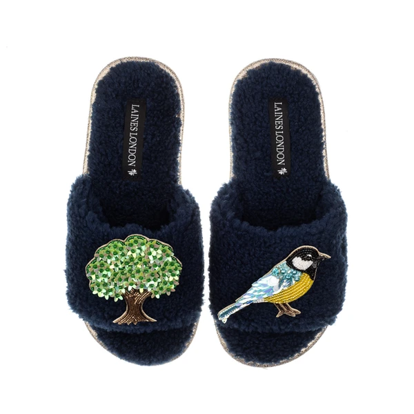 Laines London Teddy Toweling Slipper Sliders With Oak Tree & Blue Tit Brooches