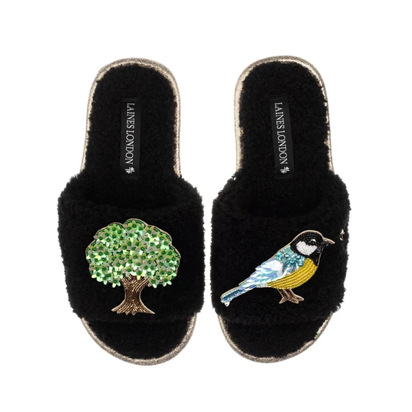 laines london Teddy Toweling Slipper Sliders With Oak Tree & Blue Tit Brooches
