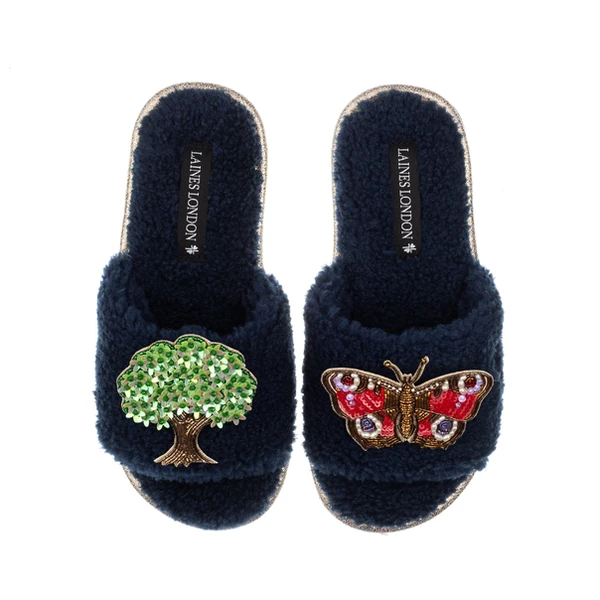 Laines London Teddy Toweling Slipper Sliders With Oak Tree & Butterfly Brooches