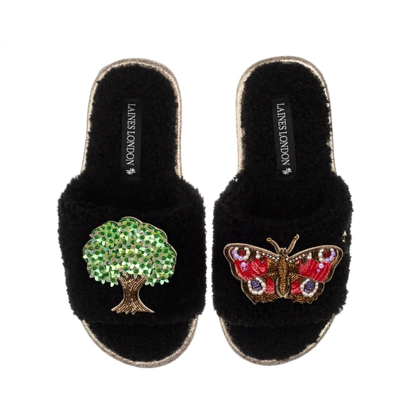 laines london Teddy Toweling Slipper Sliders With Oak Tree & Butterfly Brooches