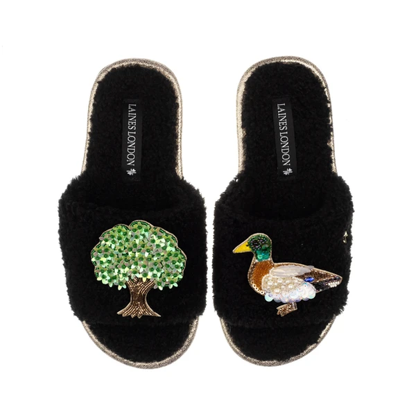Laines London Teddy Toweling Slipper Sliders With Oak Tree & Duck Brooches