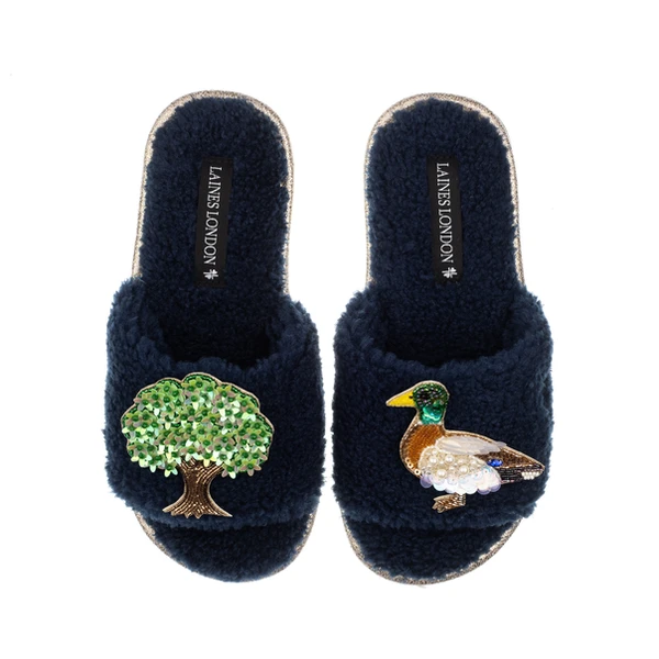 laines london Teddy Toweling Slipper Sliders With Oak Tree & Duck Brooches