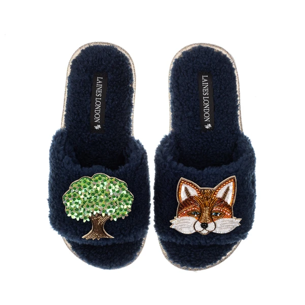 Laines London Teddy Toweling Slipper Sliders With Oak Tree & Fox Brooches