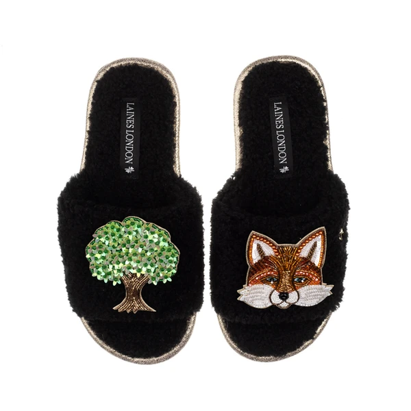 Laines London Teddy Toweling Slipper Sliders With Oak Tree & Fox Brooches