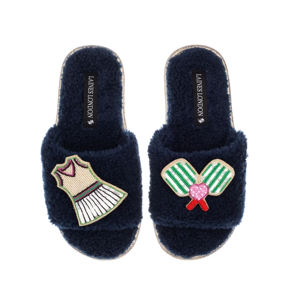 Laines London Teddy Toweling Slipper Sliders With Pickleball Brooches