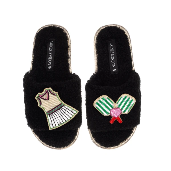 Laines London Teddy Toweling Slipper Sliders With Pickleball Brooches