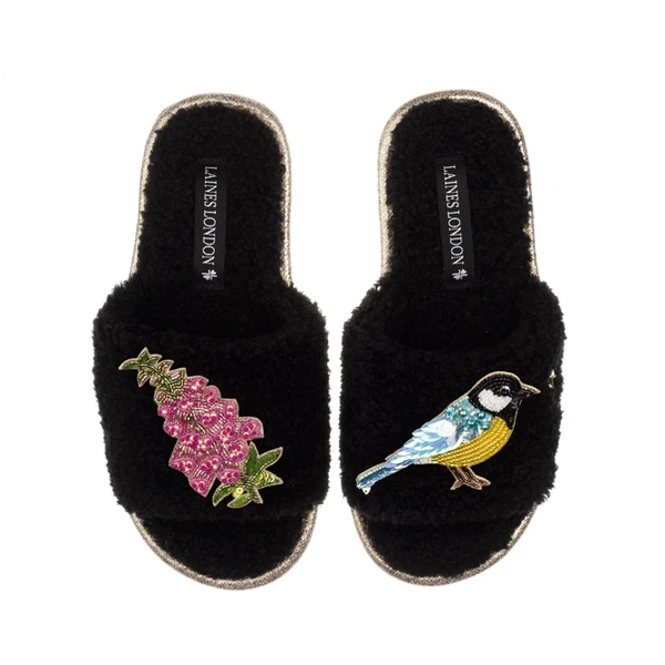 Laines London Teddy Toweling Slipper Sliders With Pink Foxglove Flowers & Blue Tit Brooches