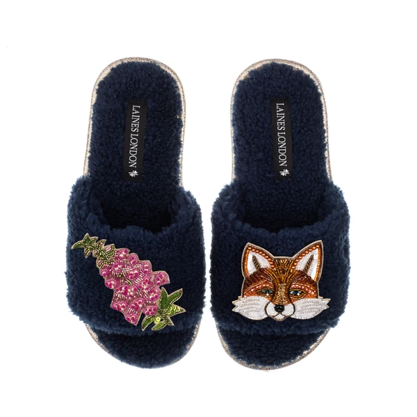 Laines London Teddy Toweling Slipper Sliders With Pink Foxglove Flowers & Fox Brooches