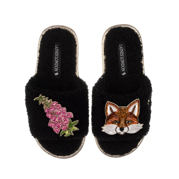 laines london Teddy Toweling Slipper Sliders With Pink Foxglove Flowers & Fox Brooches