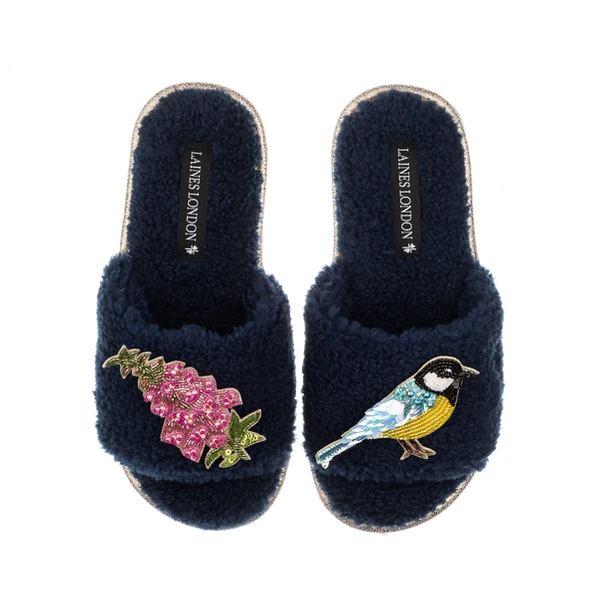 laines london Teddy Toweling Slipper Sliders With Pink Foxglove Flowers & Blue Tit Brooches