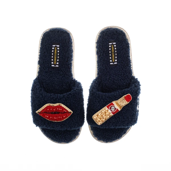 Laines London Teddy Toweling Slipper Sliders With Red Lipstick & Lips Brooches