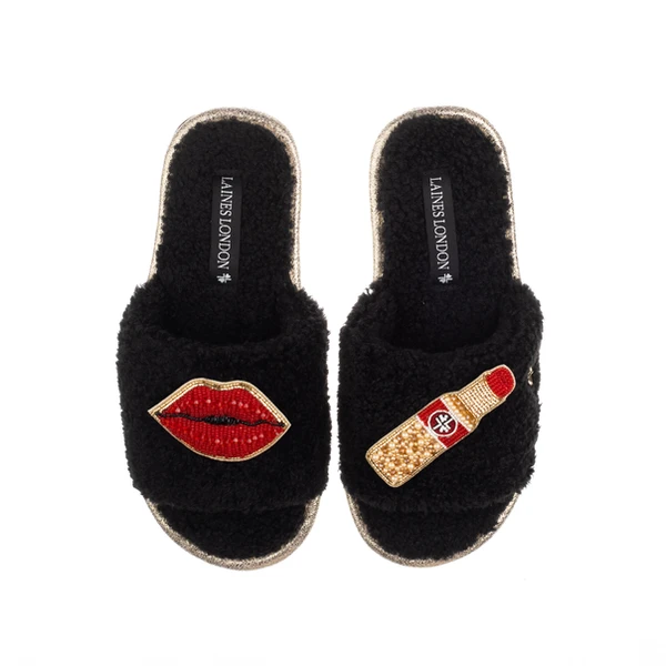 laines london Teddy Toweling Slipper Sliders With Red Lipstick & Lips Brooches