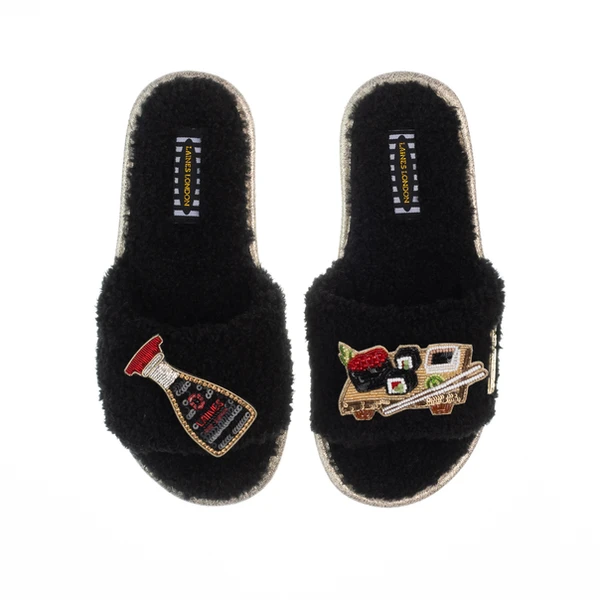 Laines London Teddy Toweling Slipper Sliders With Sushi & Soy Sauce Brooches