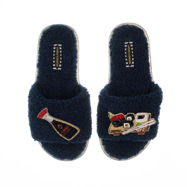 Laines London Teddy Toweling Slipper Sliders With Sushi & Soy Sauce Brooches