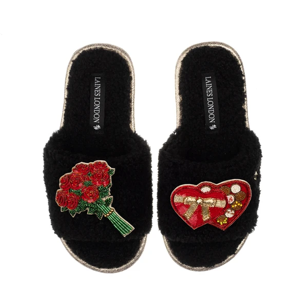 Laines London Teddy Toweling Slipper Sliders With Valentines Chocolate Box & Roses Brooches