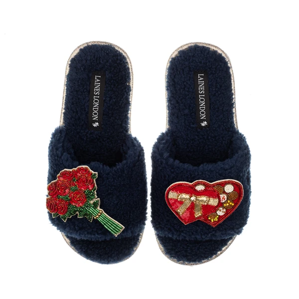 Laines London Teddy Toweling Slipper Sliders With Valentines Chocolate Box & Roses Brooches