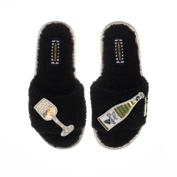 Laines London Teddy Toweling Slipper Sliders With Vino Darling Brooches