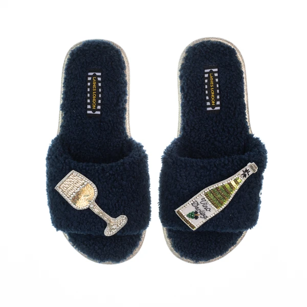laines london Teddy Toweling Slipper Sliders With Vino Darling Brooches