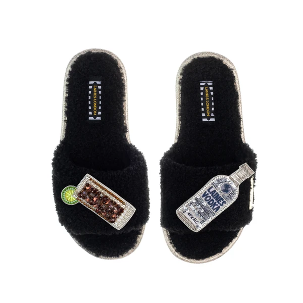 Laines London Teddy Toweling Slipper Sliders With Vodka & Coke Brooches
