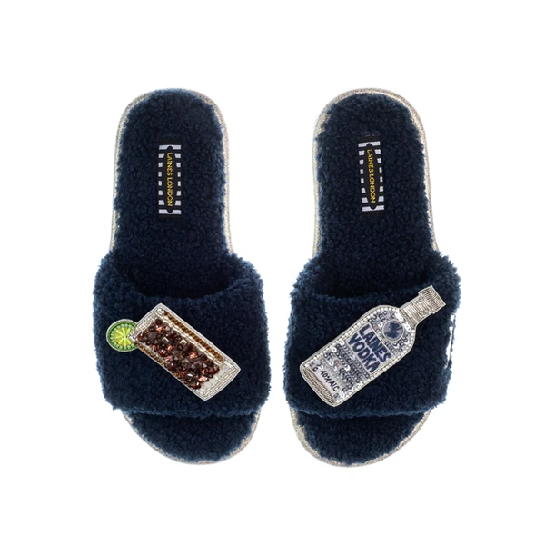 laines london Teddy Toweling Slipper Sliders With Vodka & Coke Brooches