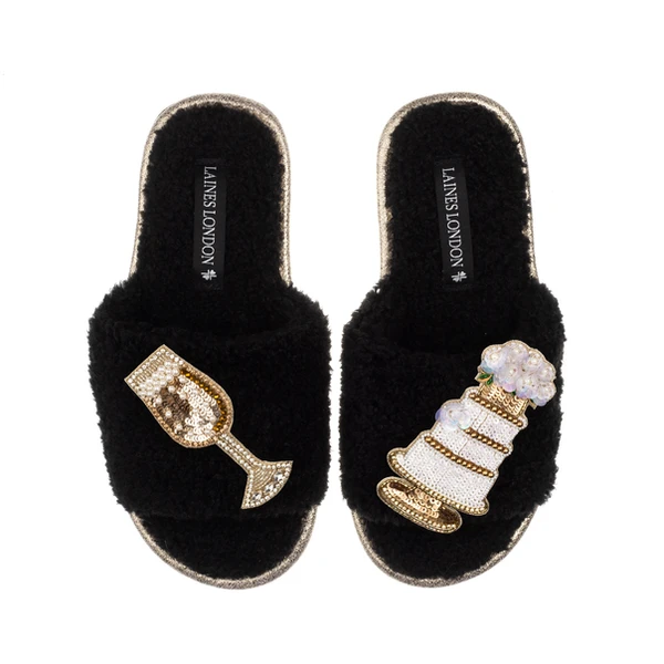 Laines London Teddy Toweling Slipper Sliders With Wedding Cake & Champagne Brooches