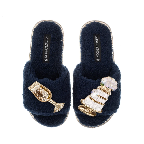 Laines London Teddy Toweling Slipper Sliders With Wedding Cake & Champagne Brooches