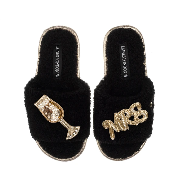 Laines London Teddy Toweling Slipper Sliders With Wedding Champers & Mrs Brooches