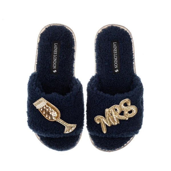 Laines London Teddy Toweling Slipper Sliders With Wedding Champers & Mrs Brooches