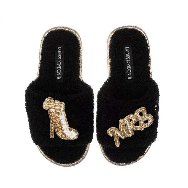 Laines London Teddy Toweling Slipper Sliders With Wedding Heel & Mrs Brooches