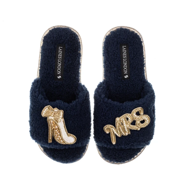 Laines London Teddy Toweling Slipper Sliders With Wedding Heel & Mrs Brooches