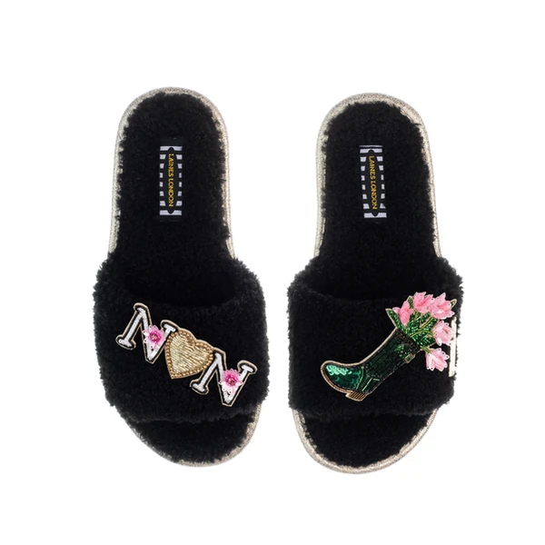 Laines London Teddy Toweling Slipper Sliders With Wellington Boot & Nan Brooches