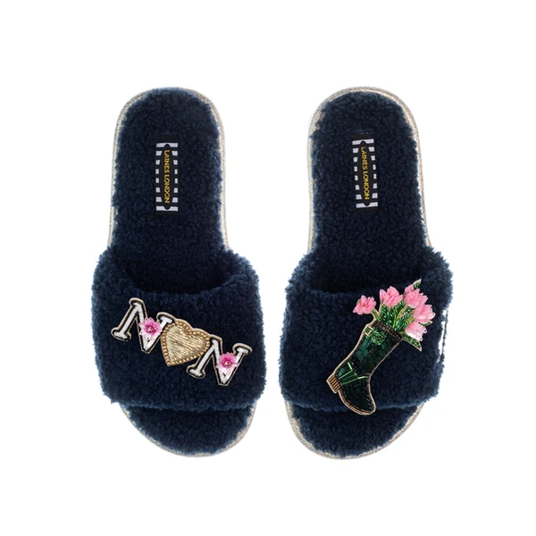 Laines London Teddy Toweling Slipper Sliders With Wellington Boot & Nan Brooches