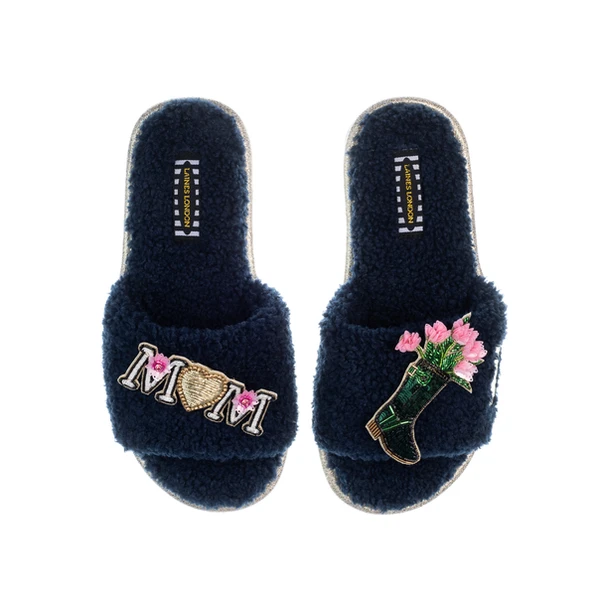 Laines London Teddy Toweling Slipper Sliders With Wellington Boot & Mum / Mom Brooches