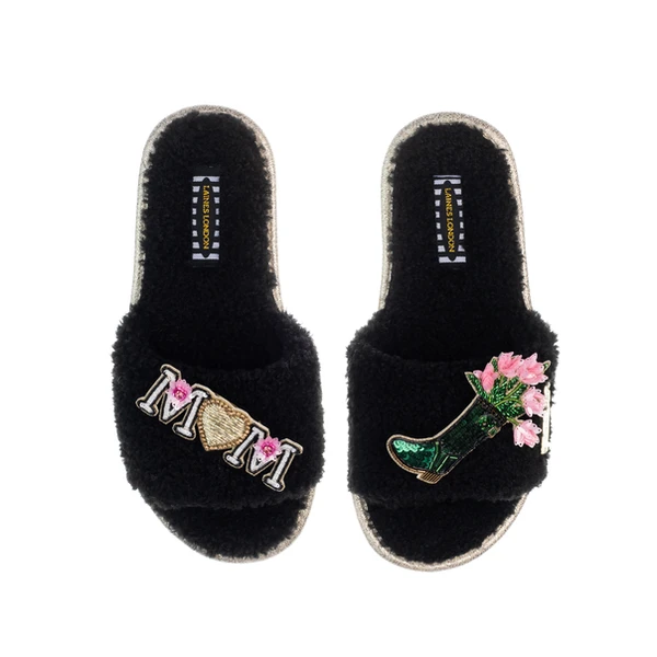 Laines London Teddy Toweling Slipper Sliders With Wellington Boot & Mum / Mom Brooches