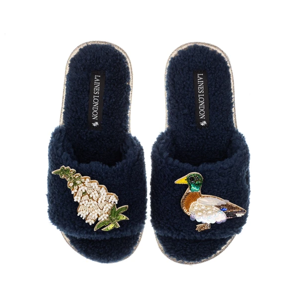 Laines London Teddy Toweling Slipper Sliders With White Foxglove Flowers & Duck Brooches