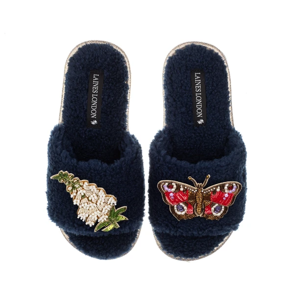 Laines London Teddy Toweling Slipper Sliders With White Foxglove Flowers & Butterfly Brooches