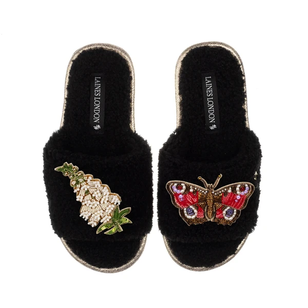 Laines London Teddy Toweling Slipper Sliders With White Foxglove Flowers & Butterfly Brooches