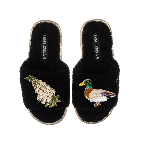 laines london Teddy Toweling Slipper Sliders With White Foxglove Flowers & Duck Brooches