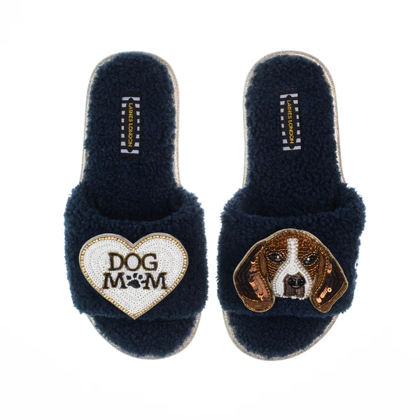 Laines London Teddy Toweling Slippers With Beagle & Dog Mum /Mom Brooches