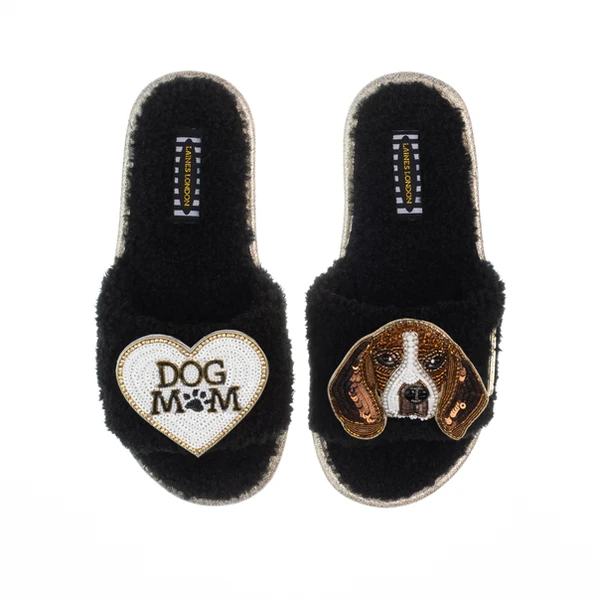 Laines London Teddy Toweling Slippers With Beagle & Dog Mum /Mom Brooches