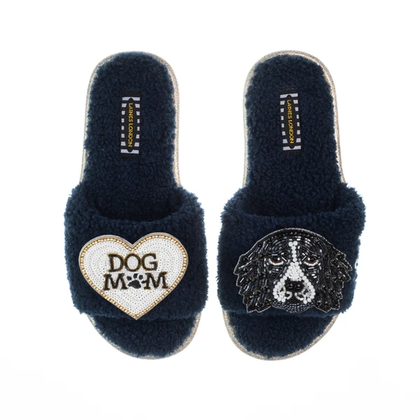 Laines London Teddy Toweling Slippers With Bentley The Spaniel & Dog Mum /Mom Brooches