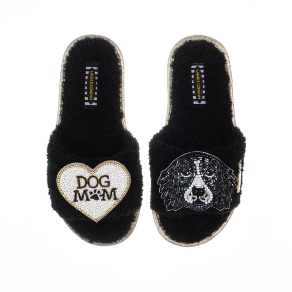 Laines London Teddy Toweling Slippers With Bentley The Spaniel & Dog Mum /Mom Brooches
