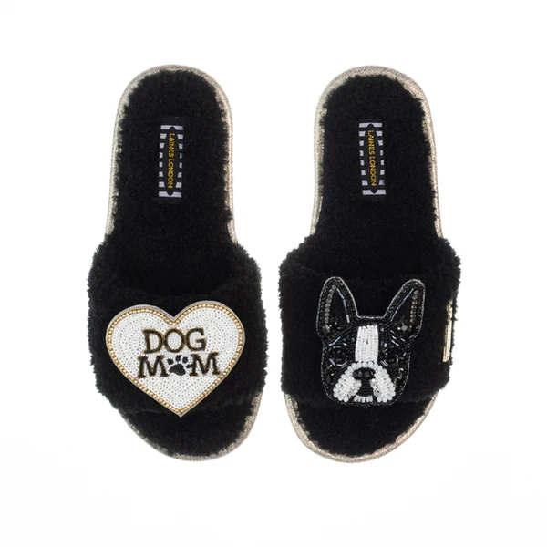 Laines London Teddy Toweling Slippers With Buddy The Boston Terrier & Dog Mum /Mom Brooches