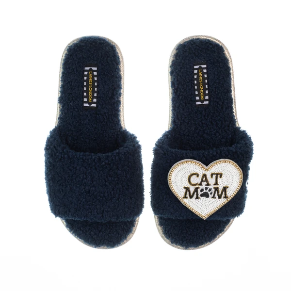 Laines London Teddy Toweling Slippers With Cat Mum / Mom Brooch