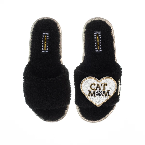 laines london Teddy Toweling Slippers With Cat Mum / Mom Brooch