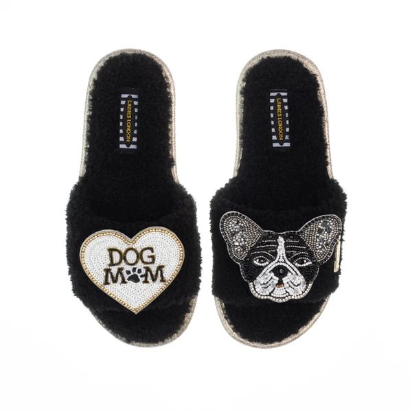 Laines London Teddy Toweling Slippers With Coco The Frenchie & Dog Mum /Mom Brooches