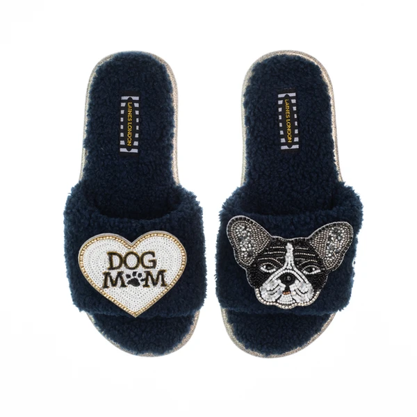 laines london Teddy Toweling Slippers With Coco The Frenchie & Dog Mum /Mom Brooches